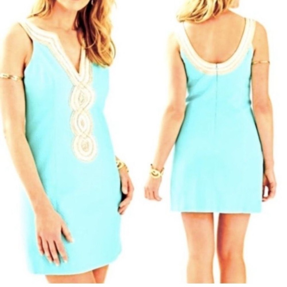 🩵Lilly Pulitzer Valli Shift size 4 Serene blue (Silver & Gold) trim Dress🩵